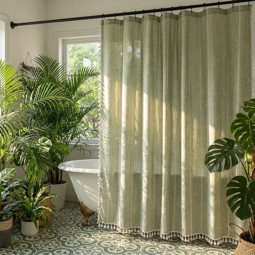 Sage green linen shower curtain with thin off-white stripes and a white tassel hem beside a clawfoot tub, palm plants and green patterned floor tile