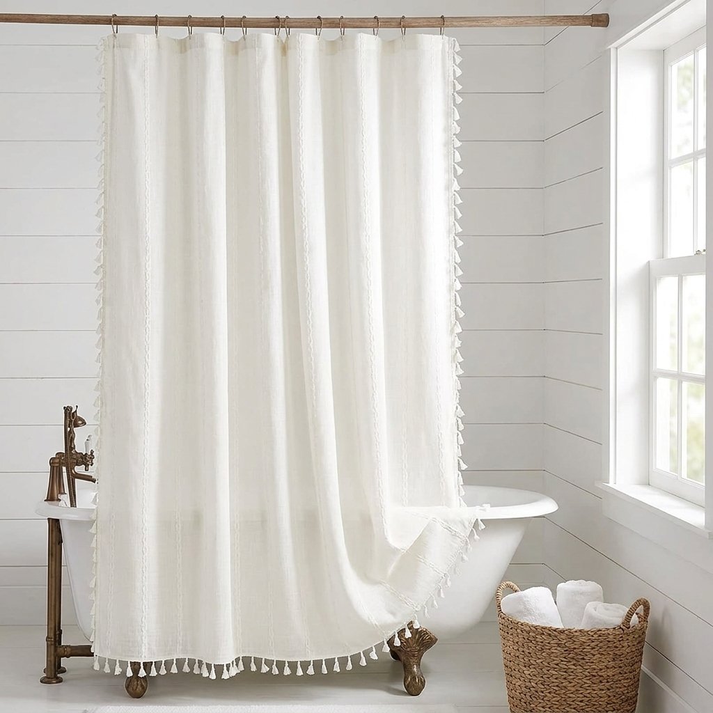 Ivory linen shower curtain with subtle vertical stripes and white tassels draped over a clawfoot tub in a white shiplap bathroom with a basket of towels