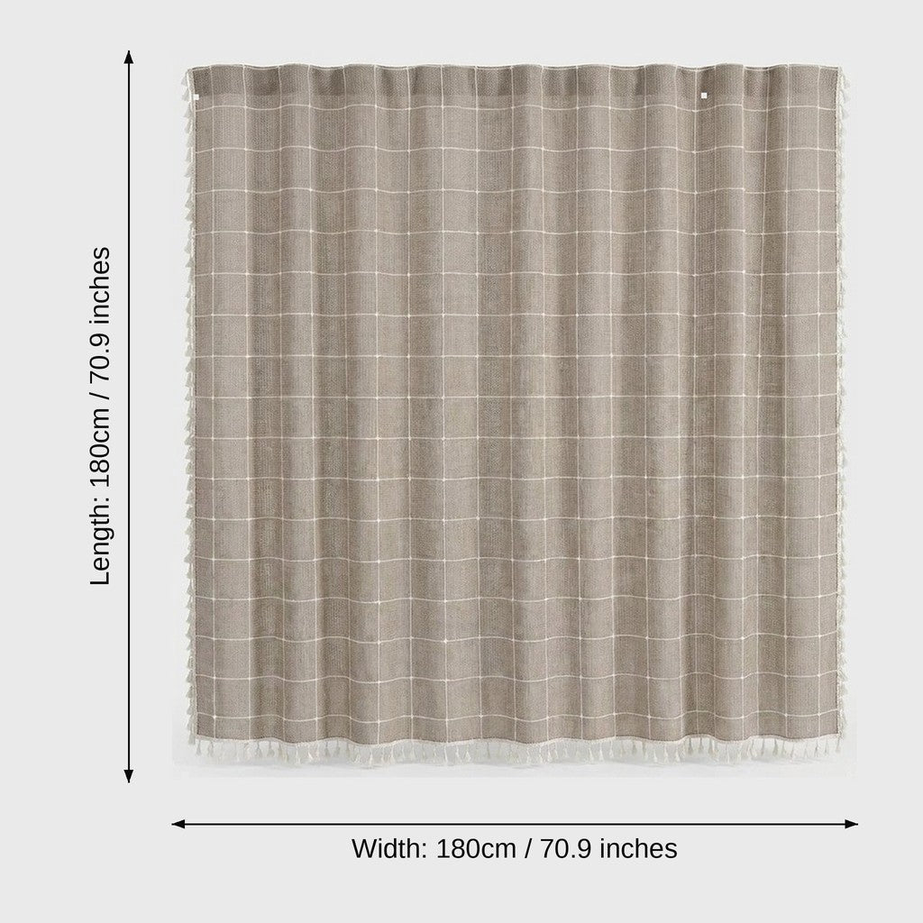 Taupe windowpane linen shower curtain with cream tassels and dimensions labeled length 180 cm (70.9 in) and width 180 cm (70.9 in)