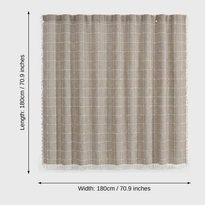 Taupe windowpane linen shower curtain with cream tassels and dimensions labeled length 180 cm (70.9 in) and width 180 cm (70.9 in)