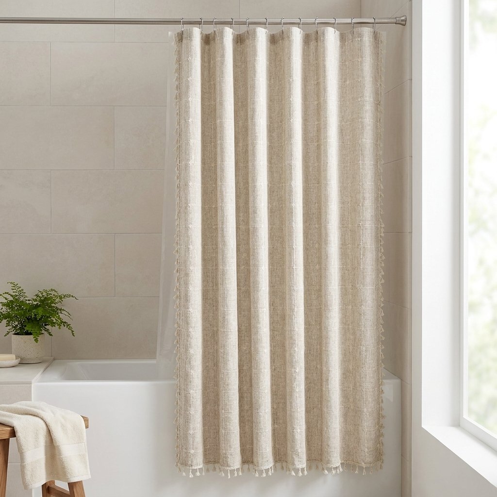 Oatmeal windowpane linen shower curtain with cream tassels in a beige-tiled tub alcove with a potted fern and a towel on a wooden stool