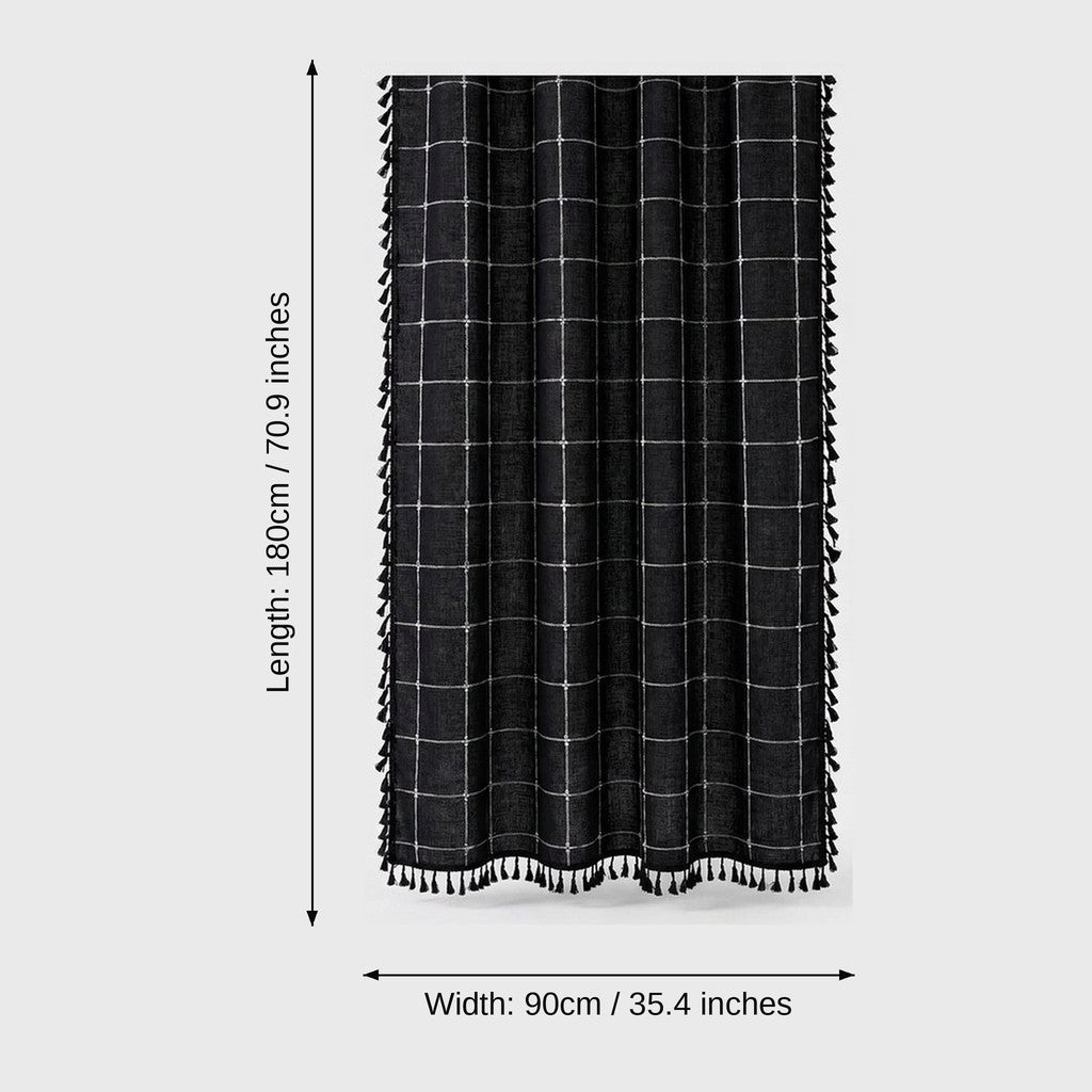 Black windowpane linen shower curtain with black tassels and dimensions labeled length 180 cm (70.9 in) and width 90 cm (35.4 in)