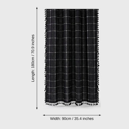 Black windowpane linen shower curtain with black tassels and dimensions labeled length 180 cm (70.9 in) and width 90 cm (35.4 in)