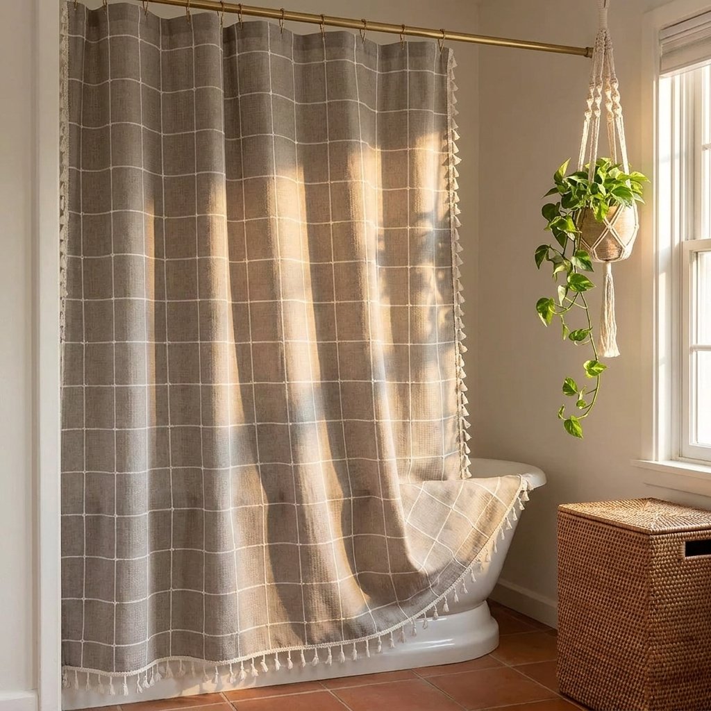 Warm gray windowpane linen shower curtain with white tassels in a sunlit bathroom with a freestanding tub, hanging plant and wicker hamper
