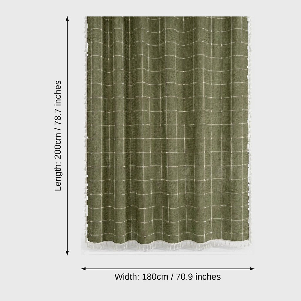 Olive green windowpane linen shower curtain with a tassel hem and dimensions labeled length 200 cm (78.7 in) and width 180 cm (70.9 in)