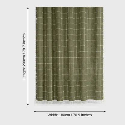 Olive green windowpane linen shower curtain with a tassel hem and dimensions labeled length 200 cm (78.7 in) and width 180 cm (70.9 in)