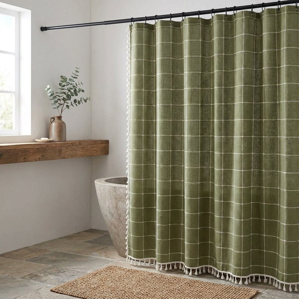 Olive green windowpane linen shower curtain with a cream grid and tassel hem beside a wood shelf with a vase of eucalyptus in a bathroom