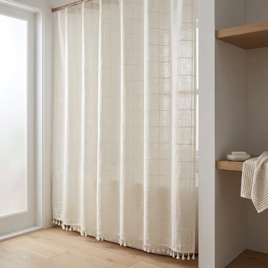 Cream semi-sheer windowpane linen shower curtain with a small tassel hem in a minimalist bathroom with light oak flooring and a shelf with a towel and soap dish