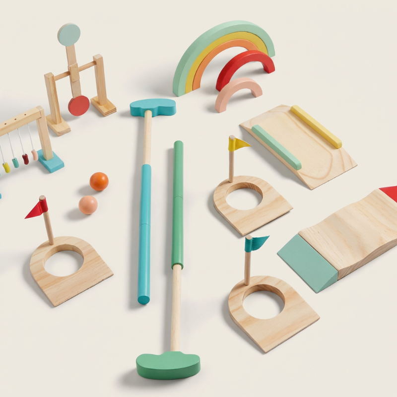 Wooden kids ten-piece golf set.