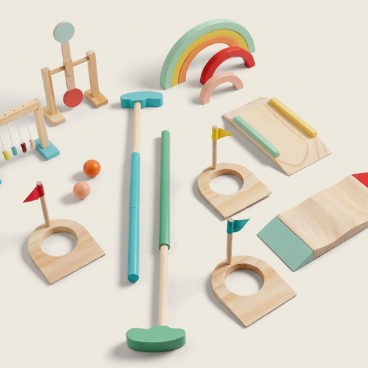 Wooden kids ten-piece golf set.