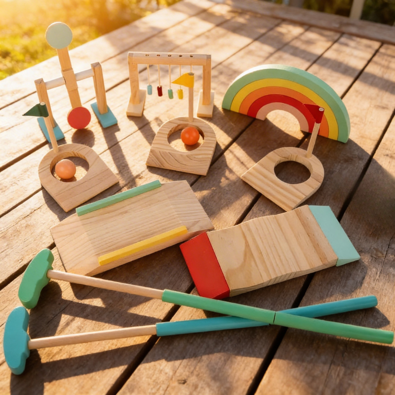 Set of wooden toys on a wooden surface with sunlight casting shadows