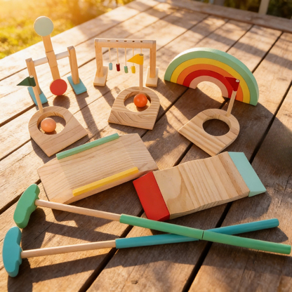 Set of wooden toys on a wooden surface with sunlight casting shadows