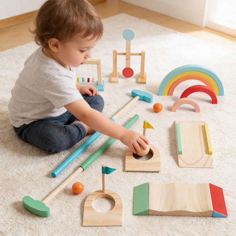 Child playing with wooden toys on a light-colored floor