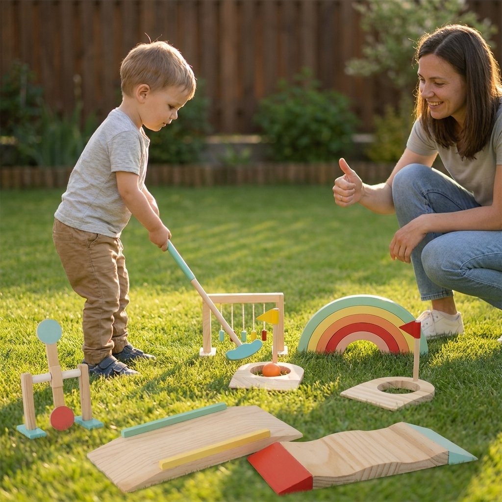 A mother giving a thumbs-up while a toddler putts with the wooden mini golf set in a backyard