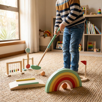Child putting a ball through the rainbow arch piece of the wooden mini golf set on a carpet in a playroom