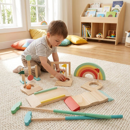 Child placing a ball into a hole of the wooden mini golf set, with the full course laid out on a playroom rug