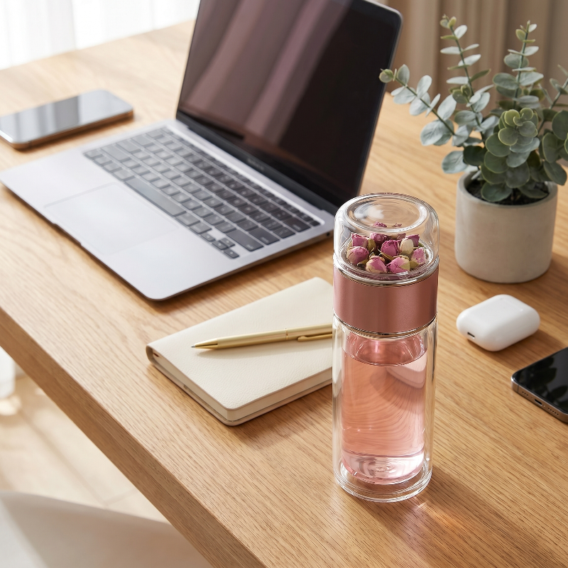 Loose leaf tea infuser water bottle in pink on desk beside notebook and plant