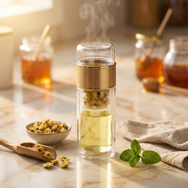 Loose leaf tea infuser water bottles with tea and citrus on table