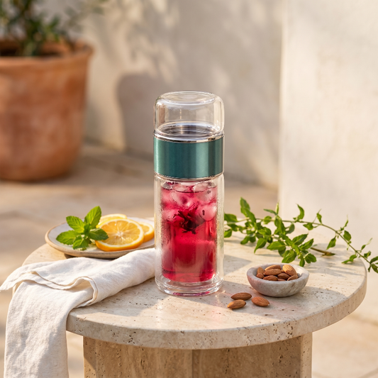 Loose leaf tea infuser water bottle with pink tea on round side table