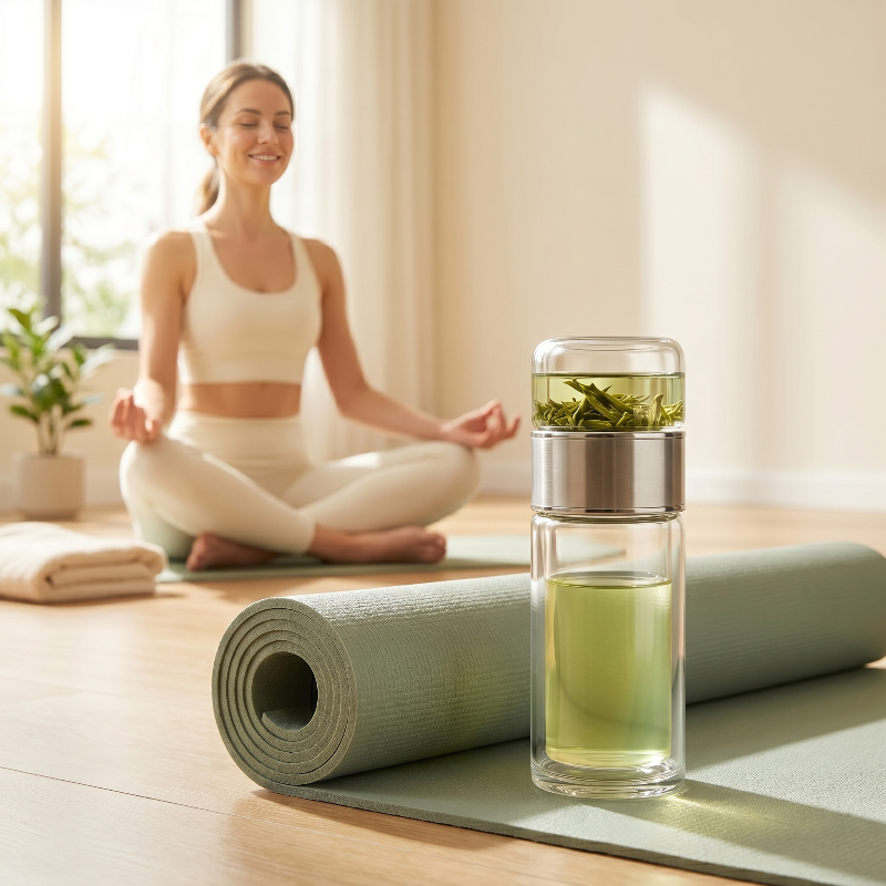 Loose leaf tea infuser water bottle in green on yoga mat beside laptop