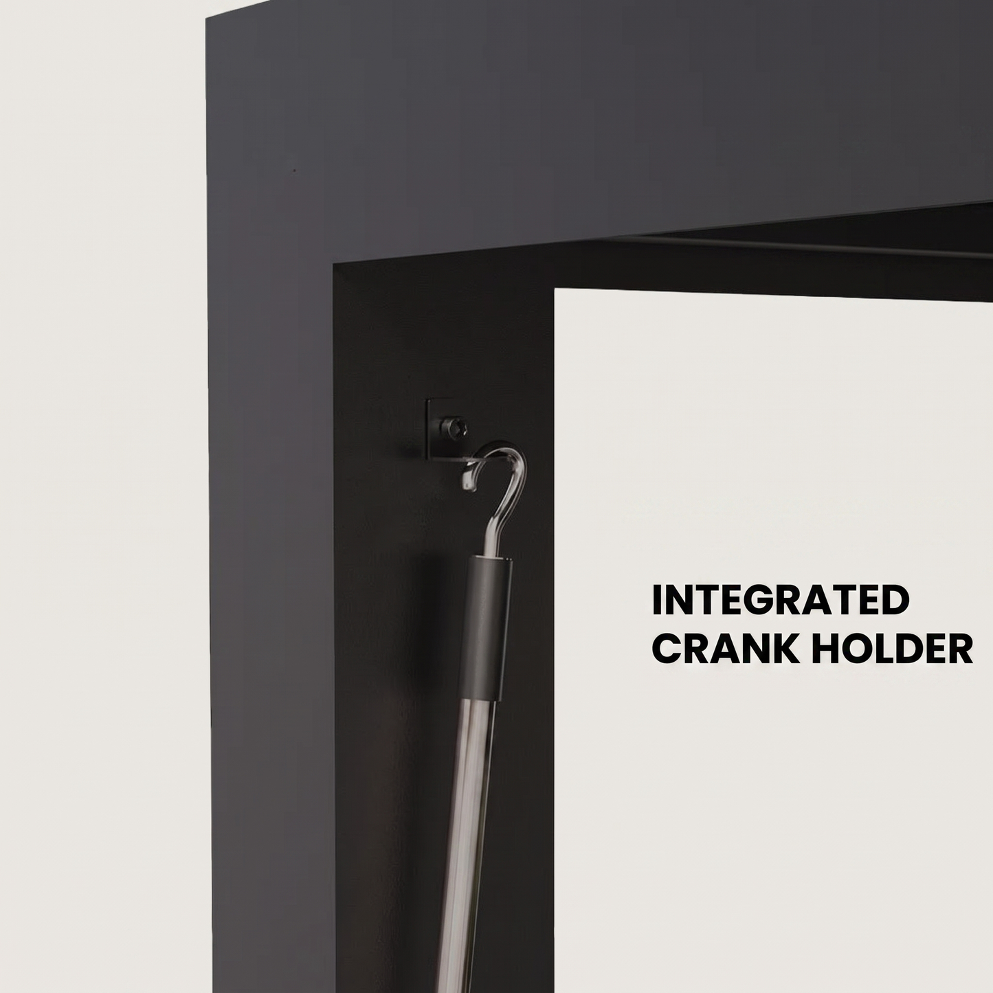 Integrated crank holder on the black louvered pergola post, Kiyo Home