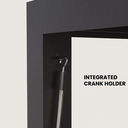 Integrated crank holder on the black louvered pergola post, Kiyo Home