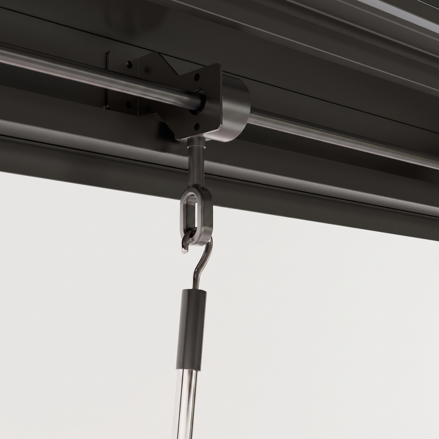 Manual crank mechanism adjusting the louvers on the black pergola frame, Kiyo Home