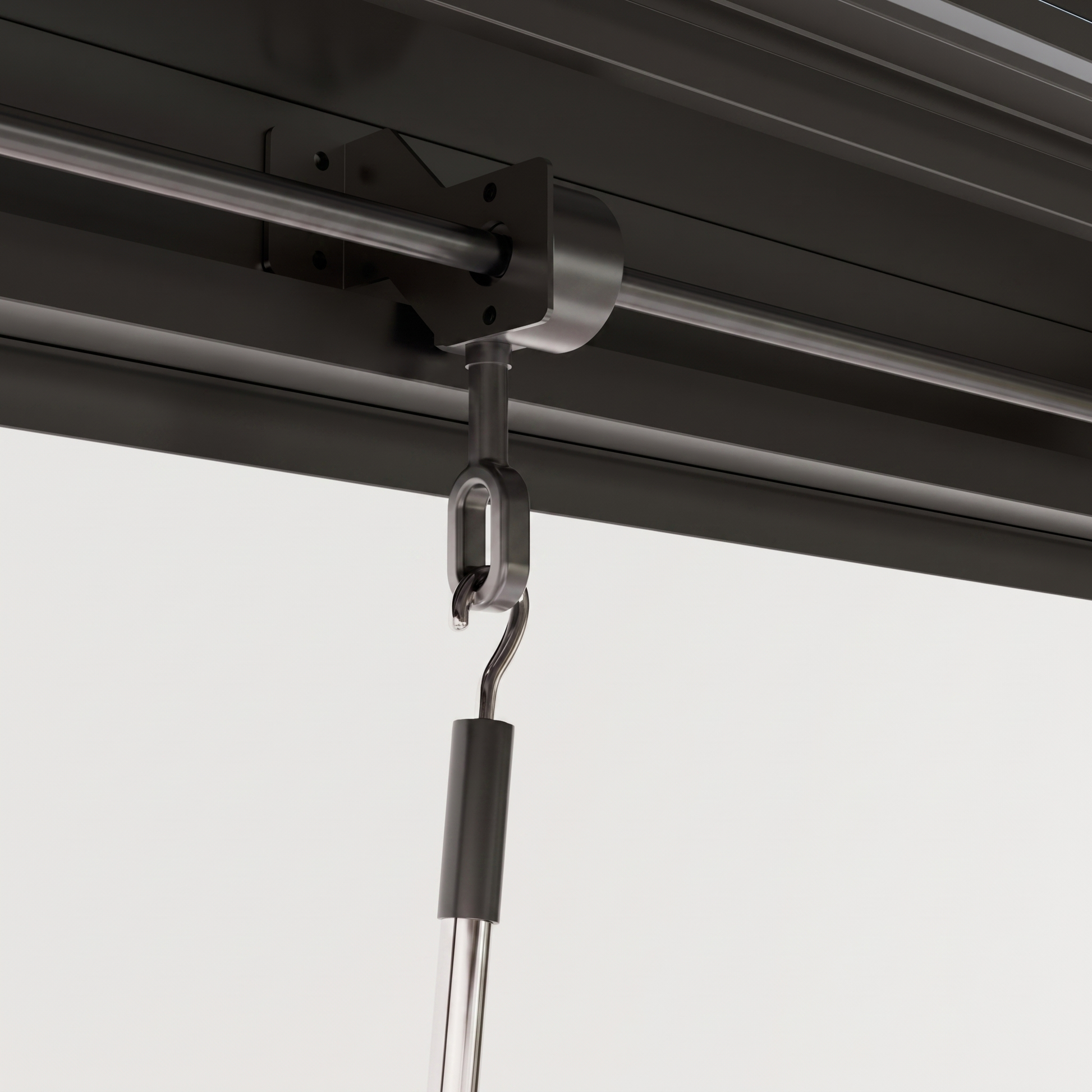 Manual crank mechanism adjusting the louvers on the black pergola frame, Kiyo Home