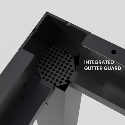 Integrated gutter guard on the corner of the black louvered pergola, Kiyo Home