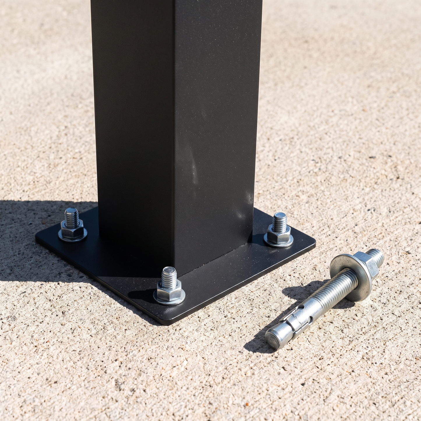 Black louvered pergola post base anchor plate with mounting bolt, Kiyo Home