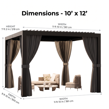 Louvered pergola dimensions 10 x 12 ft, 7 ft 2 in high, 11 ft 10 in wide, 9 ft 10 in deep, Kiyo Home