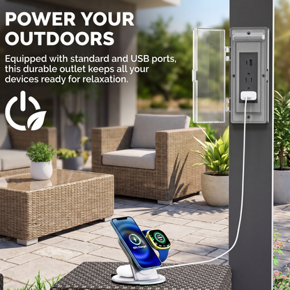 Black louvered pergola built-in USB and standard power outlet charging devices outdoors, Kiyo Home
