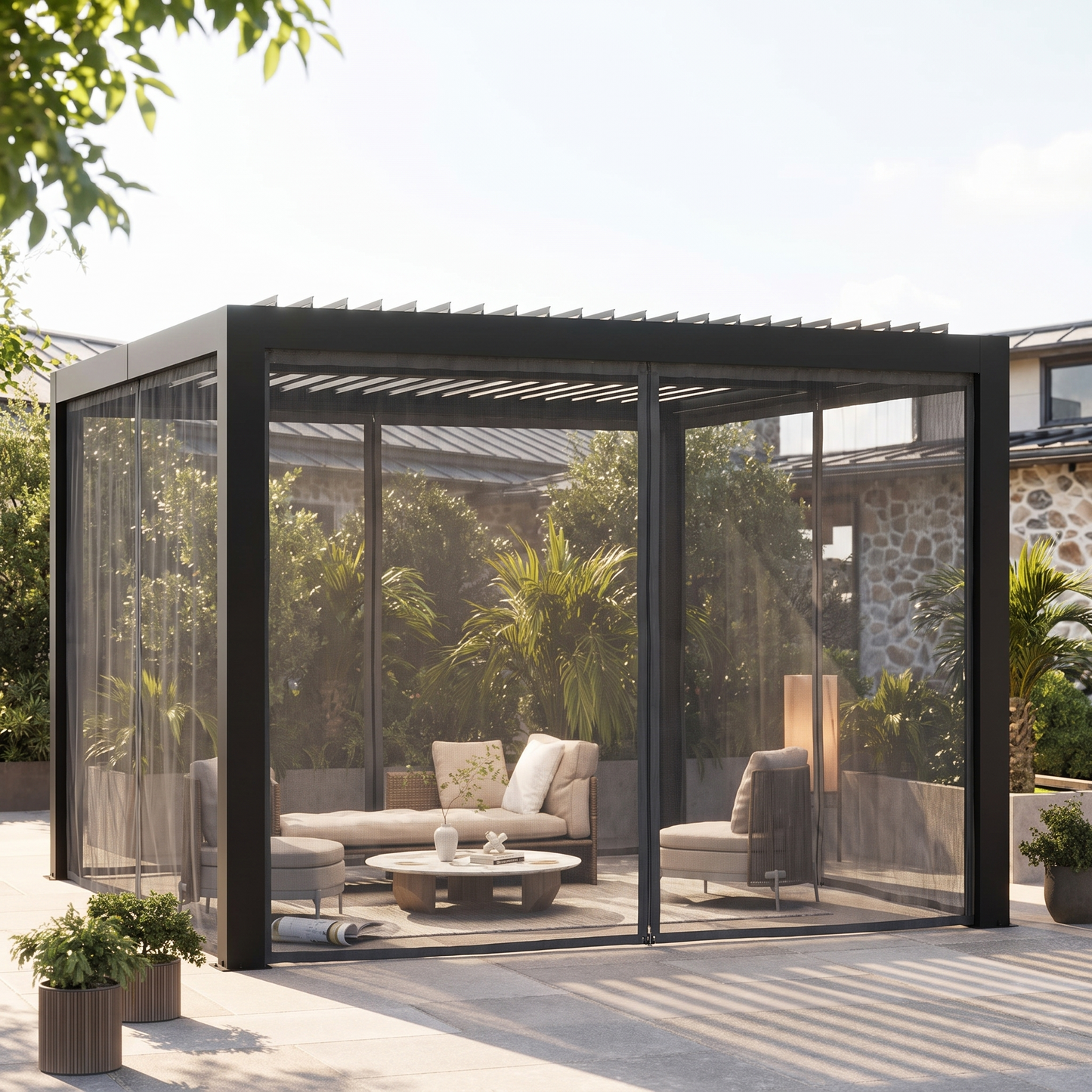 Black louvered pergola with mosquito netting enclosing an outdoor lounge, Kiyo Home 10x12