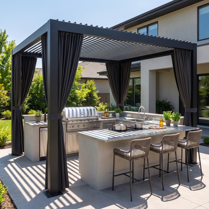 Black louvered pergola over an outdoor kitchen with grill and bar seating, Kiyo Home 10x12