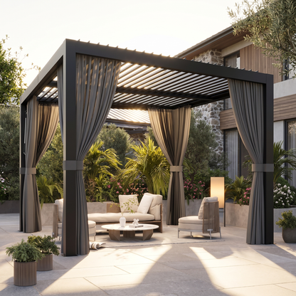 Black aluminum louvered pergola with privacy curtains over a patio lounge set, Kiyo Home 10x12