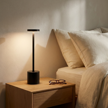 Luca touch table lamp in gold on bedside table
