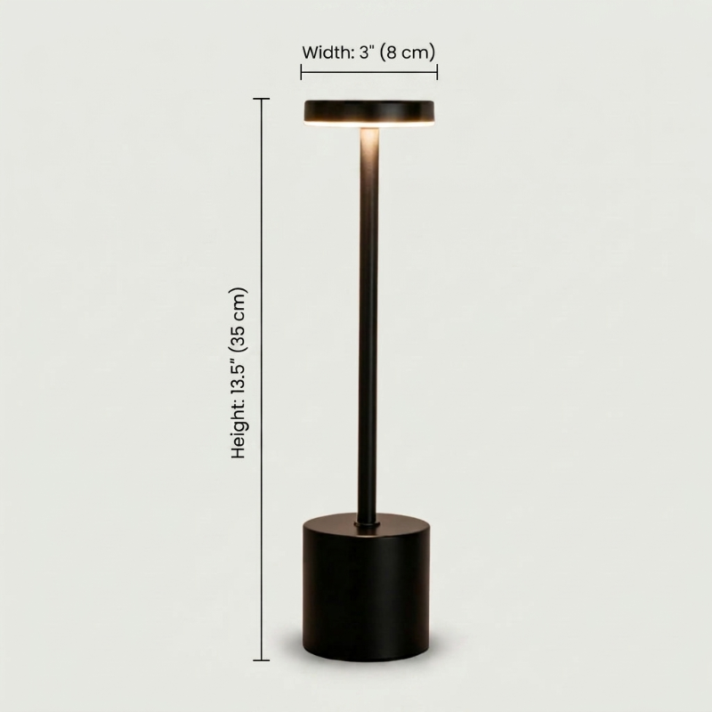 Luca touch table lamp dimensions graphic in black