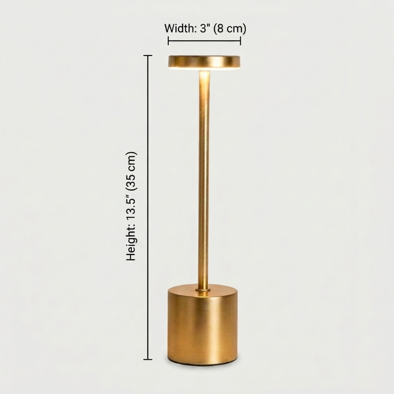 Luca touch table lamp dimensions graphic in gold