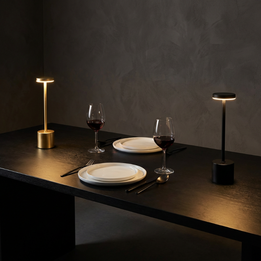 Black and gold Luca touch table lamps on dark dining table