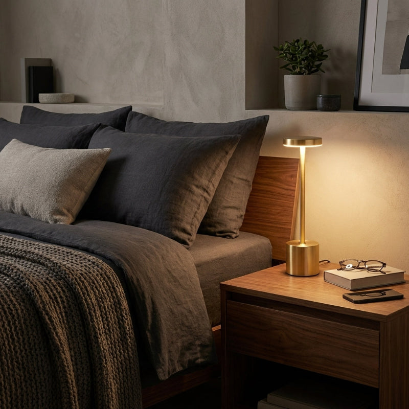 Luca touch table lamp in black on bedside table