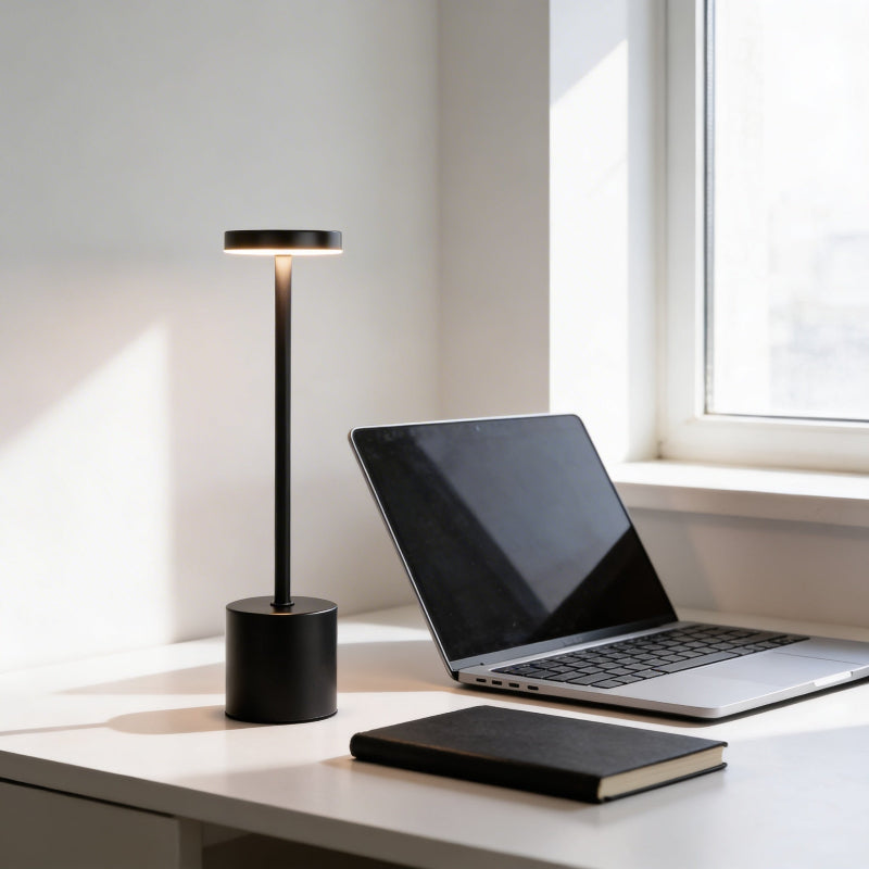Laptop on a desk with a black lamp and notebook in a bright room.