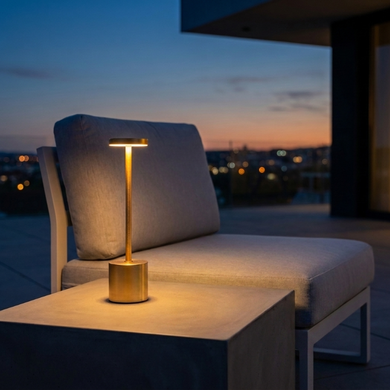 Luca touch table lamp in gold on outdoor table at sunset