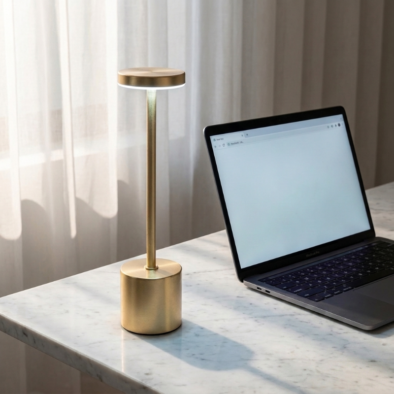 Luca touch table lamp in gold on desk beside tablet