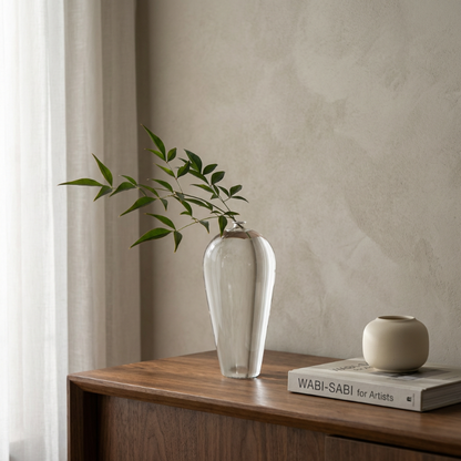 Lucia hand-blown clear glass vase on console table with olive stem
