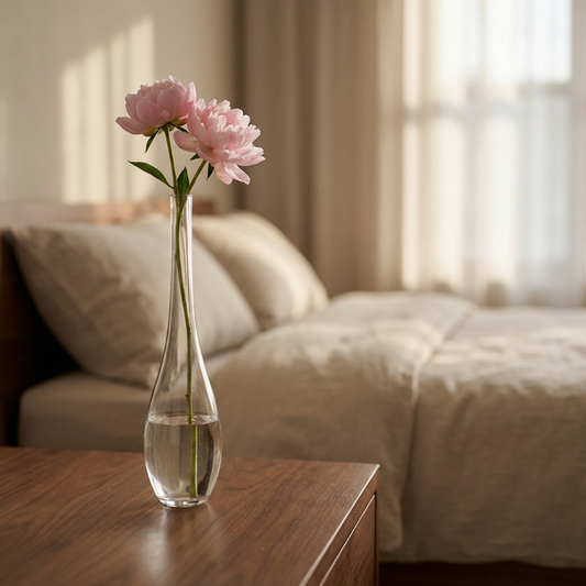 Clear vase with pink flowers on a wooden table in a softly lit room.