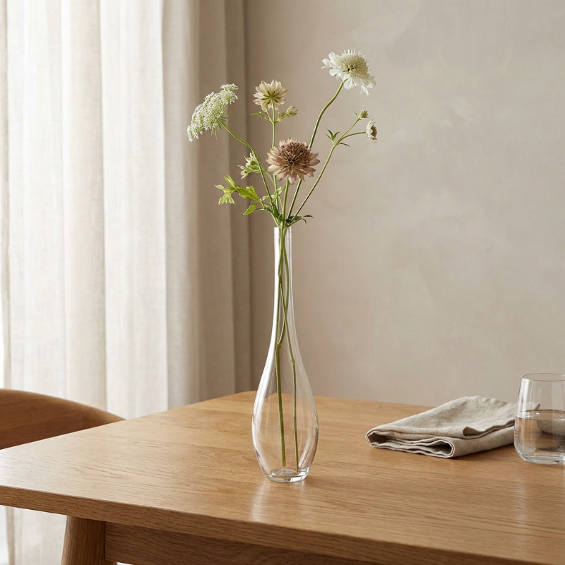 Lucia hand-blown clear glass vase with single stem on wooden table