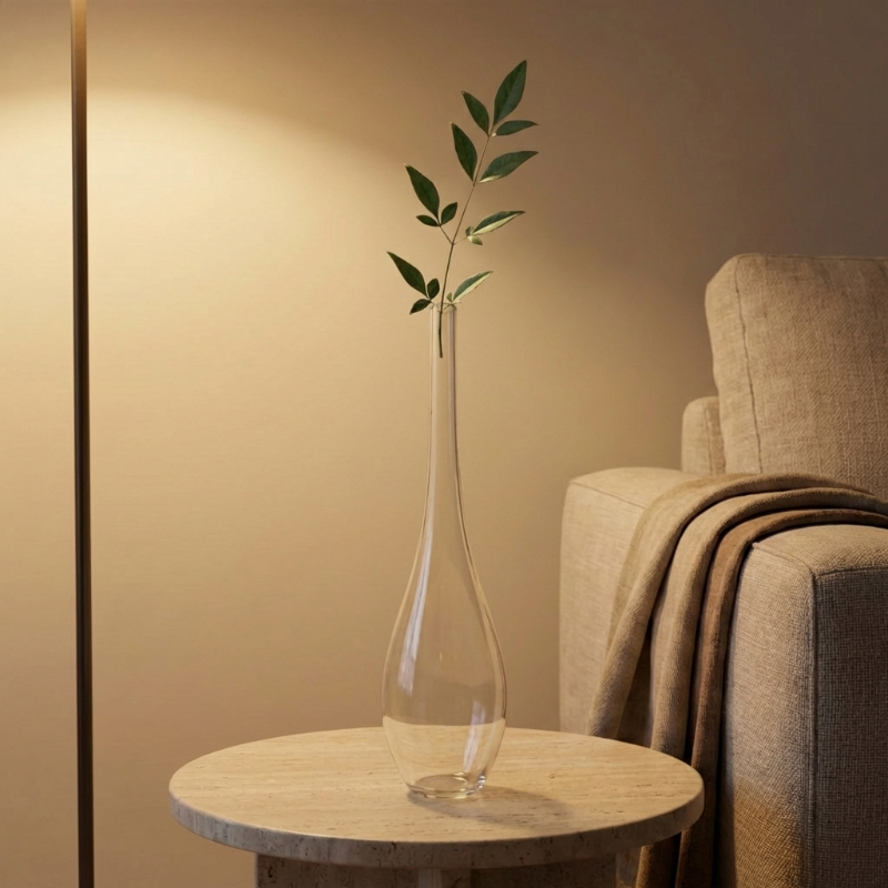 Lucia hand-blown clear glass vase on round side table with olive stem