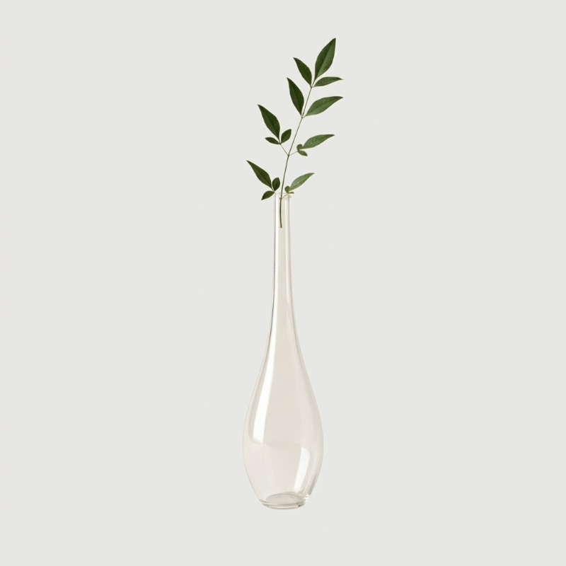 Lucia hand-blown clear glass vase on white background with olive stem
