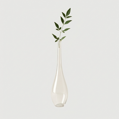 Lucia hand-blown clear glass vase on white background with olive stem