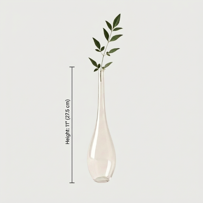 Lucia hand-blown clear glass vase dimensions graphic on white background